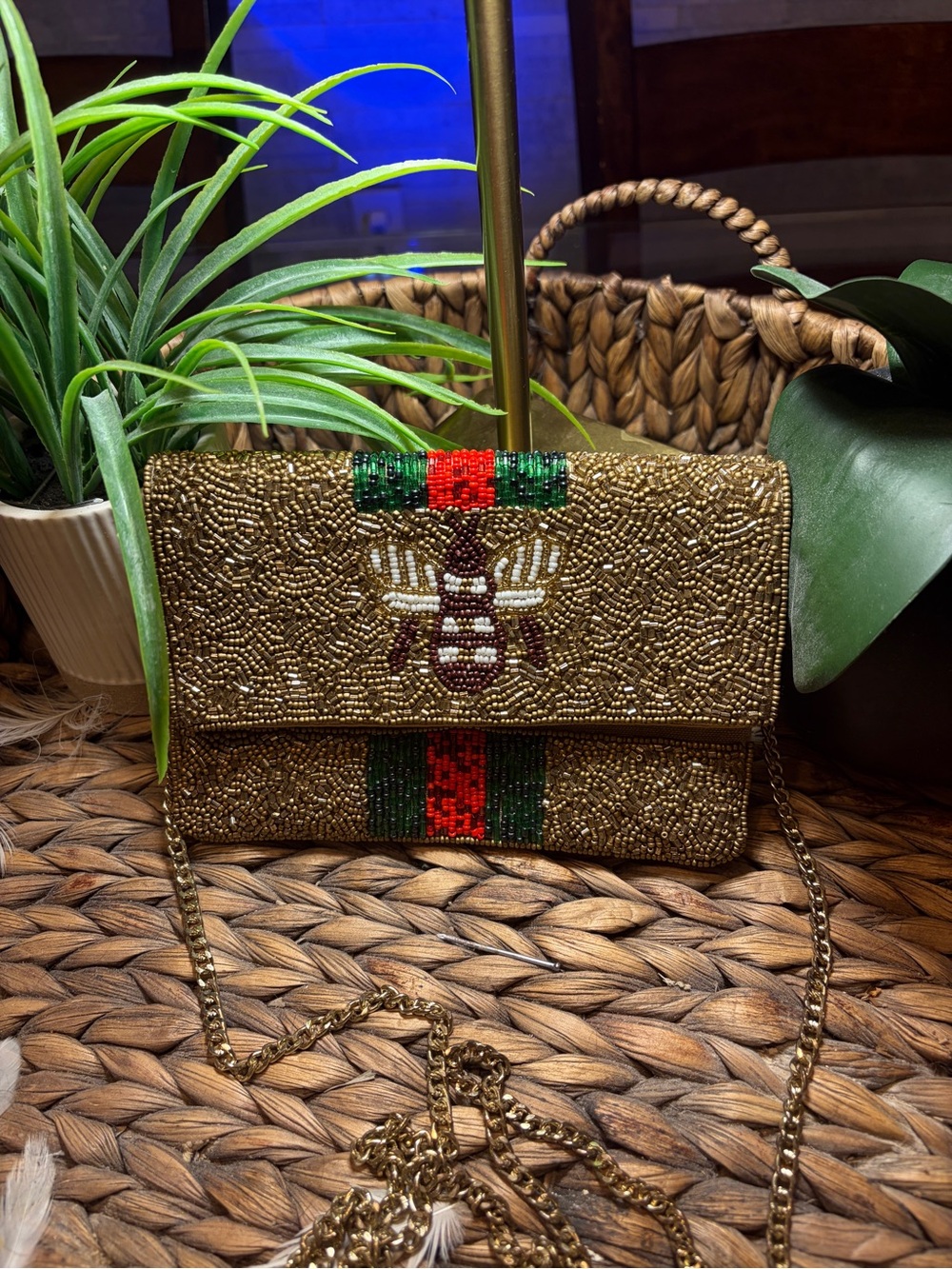 Gold beaded bee clutch crossbody bag